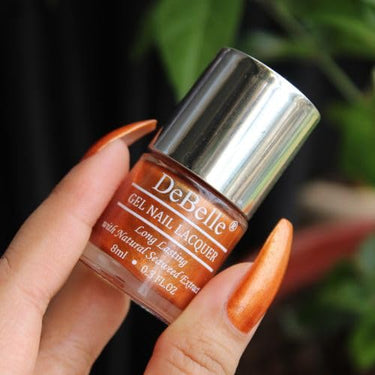 DeBelle Gel Nail Polish Aurora (Amber with Copper Glitter Nail Paint)|Non UV - Gel Finish |Chip Resistant | Seaweed Enriched Formula| Long Lasting|Cruelty and Toxic Free| 8ml
